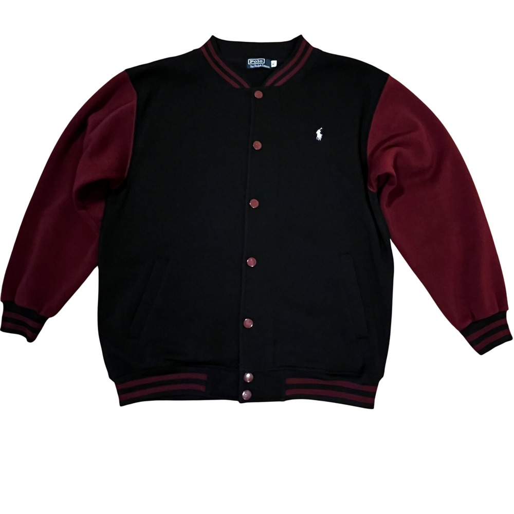 Polo Ralph Lauren Mens XL Fleece Varsity Jacket Black Burgundy Preppy Letterman